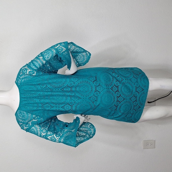 Tacera Bohemian Teal Lace Big Bell Sleeve Fairy Relaxed Fit Shift Dress Size 1X - Picture 7 of 15
